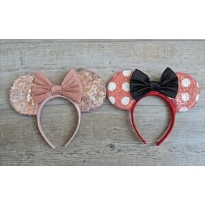 Lot of 2 Disney Minnie Mouse Sequin Headbands -Classic Red Polka Dot & Rose Gold